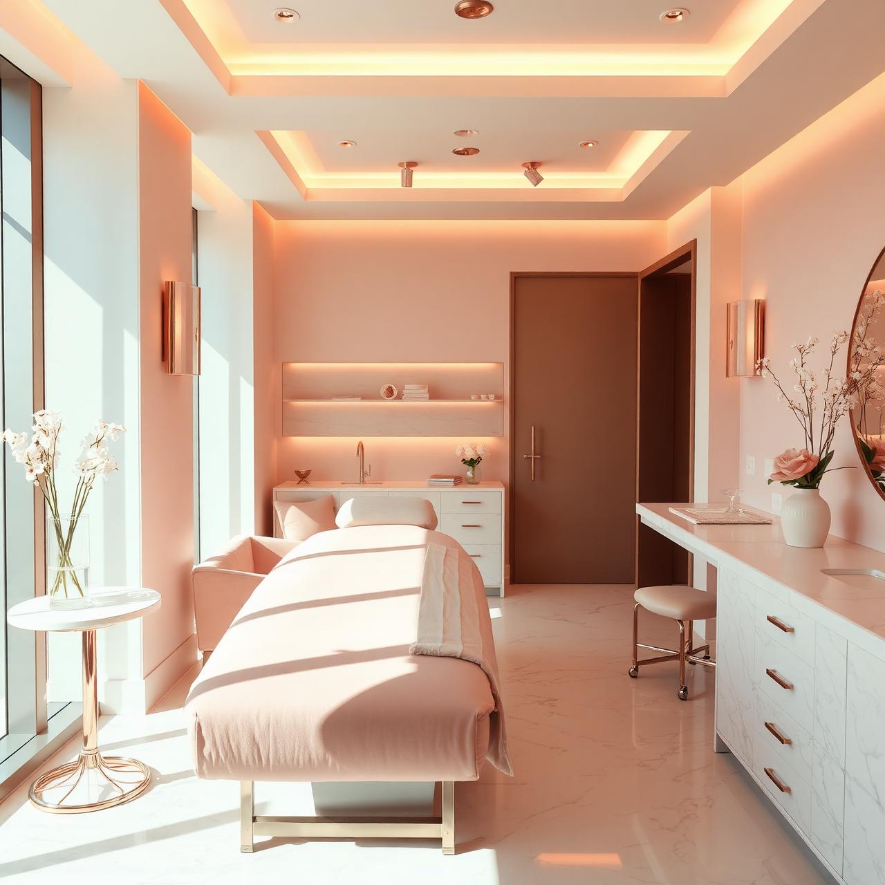 Luxurious rose gold and blush med spa treatment room in Florida